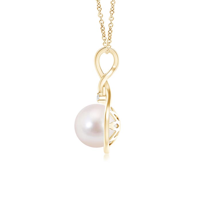 8mm AAAA Japanese Akoya Pearl and Diamond Twisted Bale Pendant in Yellow Gold - side 1