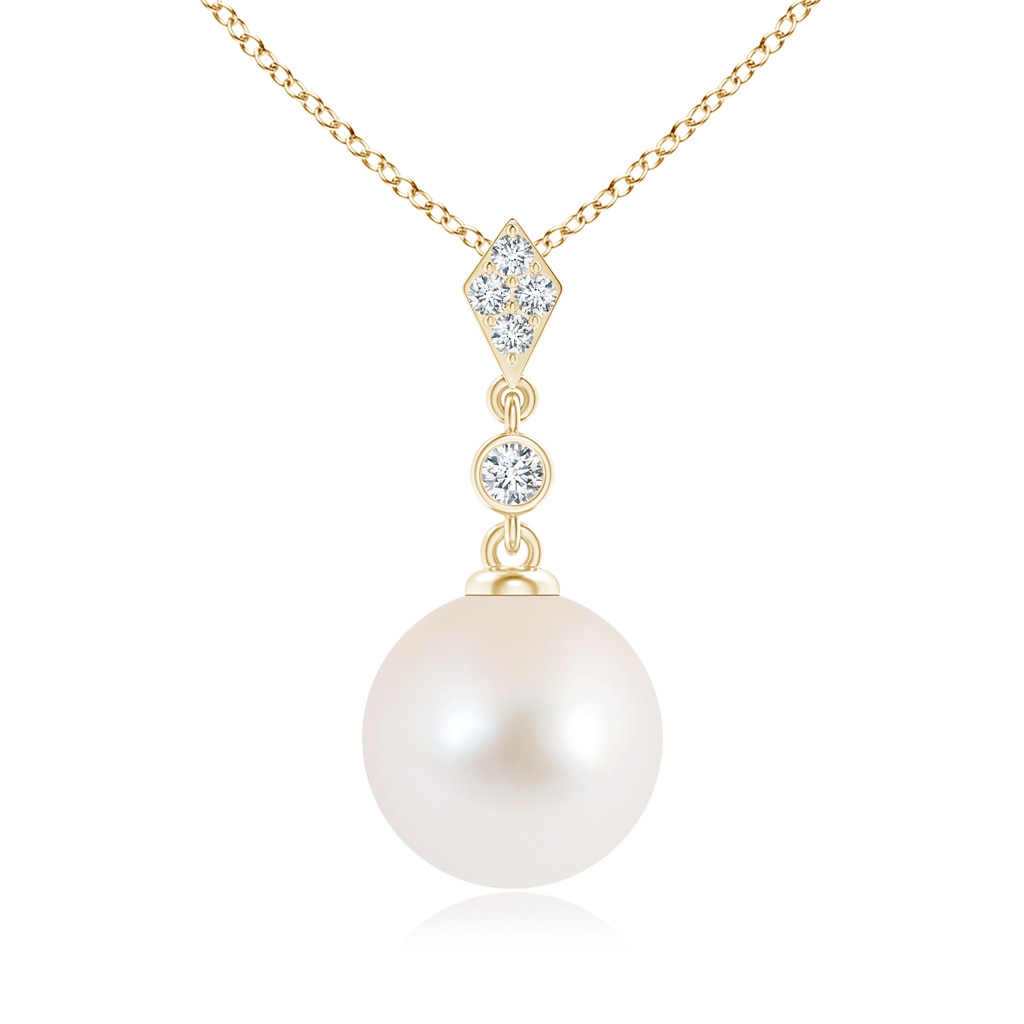 10mm AAA Classic Freshwater Pearl Drop Pendant with Diamonds in Yellow Gold