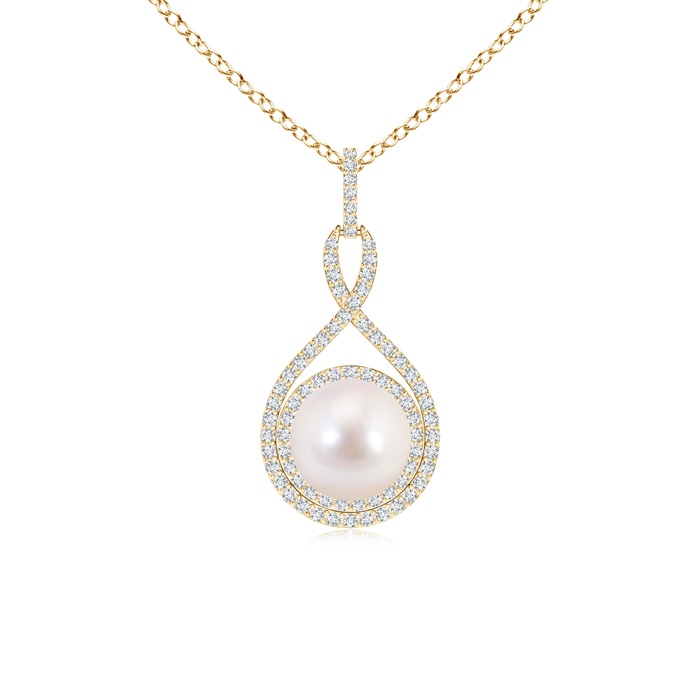 8mm AAAA Japanese Akoya Pearl Infinity Pendant with Diamond Halo in Yellow Gold