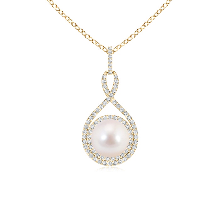 8mm AAAA Japanese Akoya Pearl Infinity Pendant with Diamond Halo in Yellow Gold 