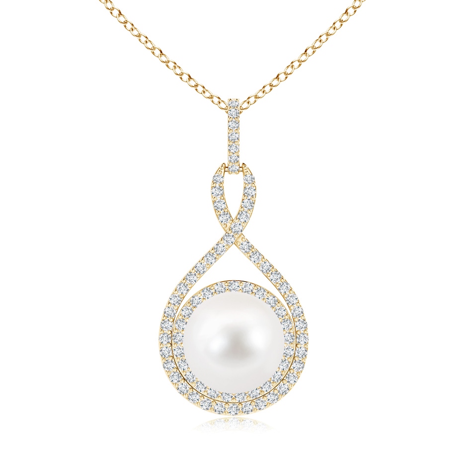 10mm AA Freshwater Pearl Infinity Pendant with Diamond Halo in Yellow Gold 