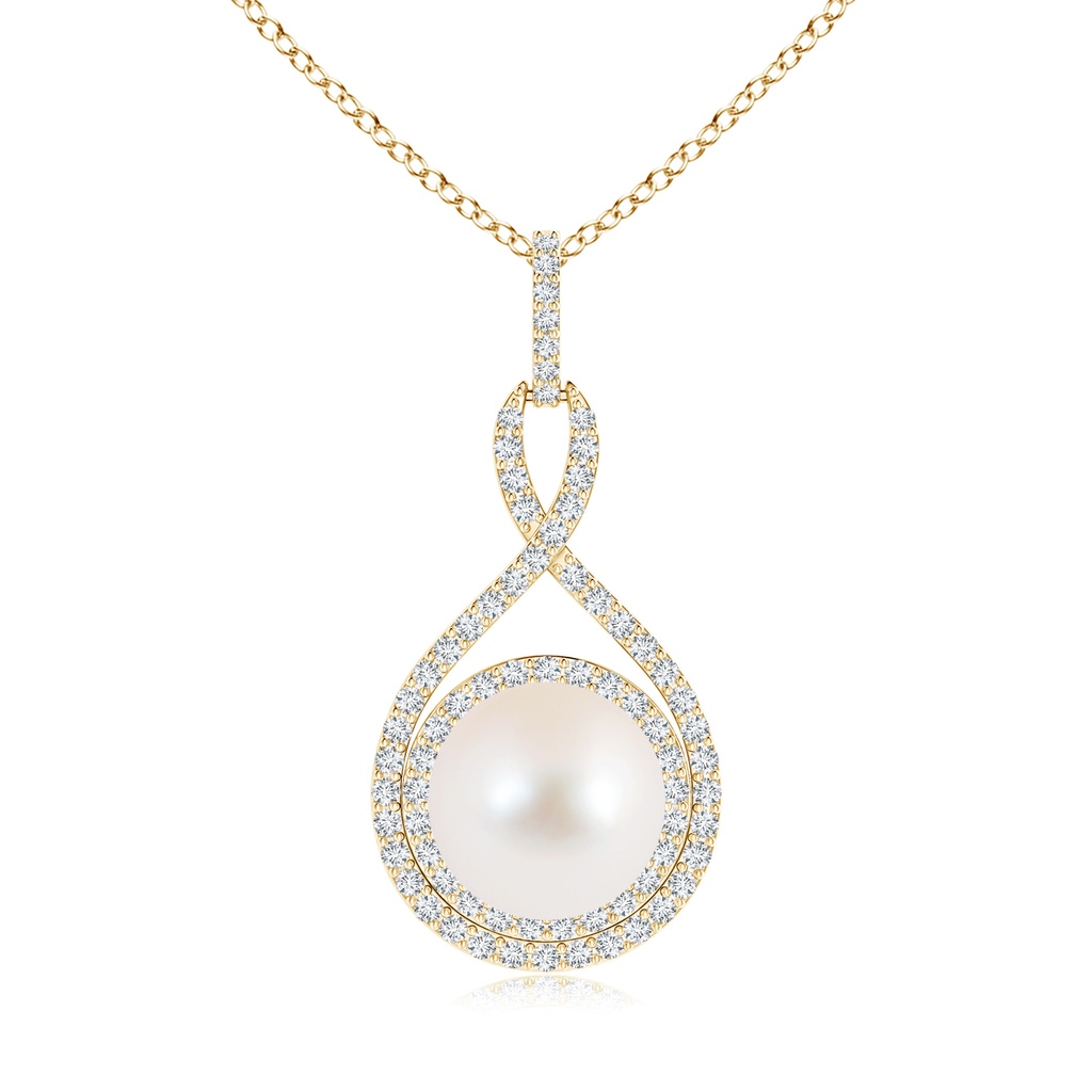 10mm AAA Freshwater Pearl Infinity Pendant with Diamond Halo in Yellow Gold