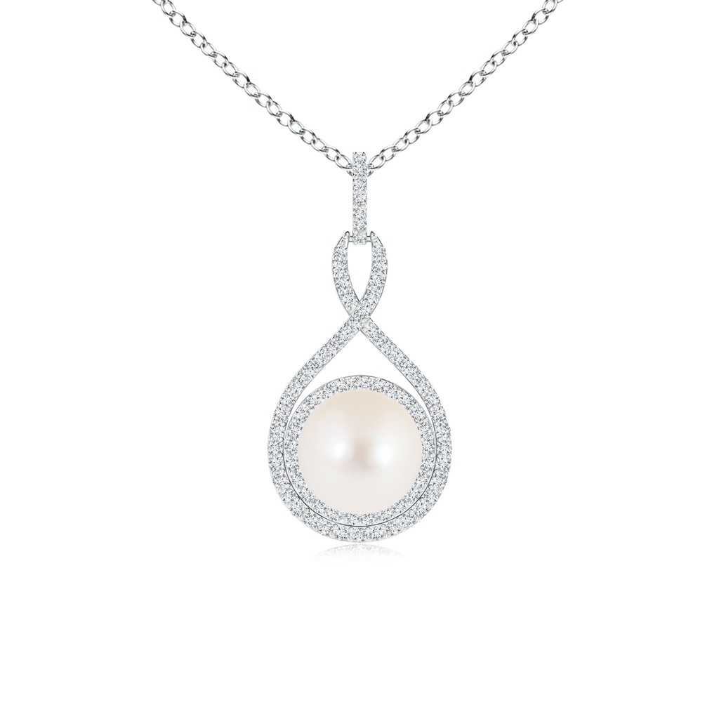 8mm AAA Freshwater Pearl Infinity Pendant with Diamond Halo in White Gold