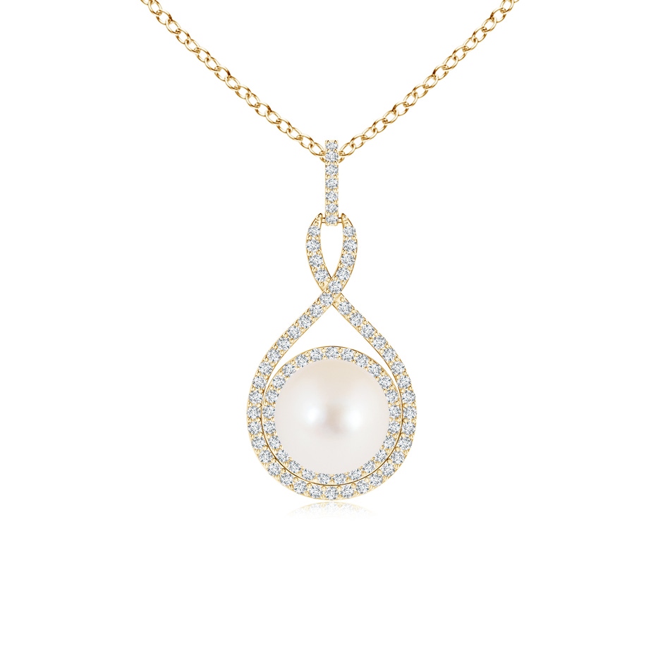 8mm AAA Freshwater Pearl Infinity Pendant with Diamond Halo in Yellow Gold 