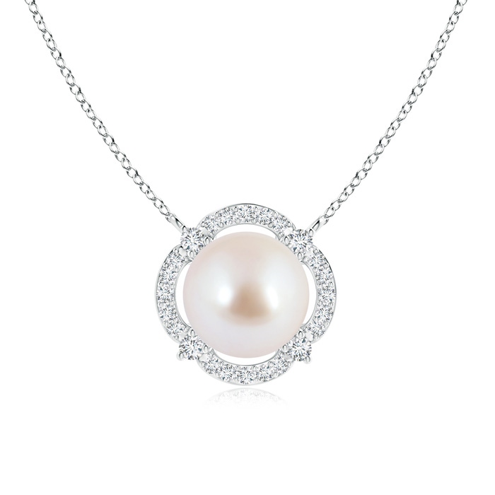 8mm AAA Akoya Cultured Pearl Clover Pendant with Diamond Halo in White Gold