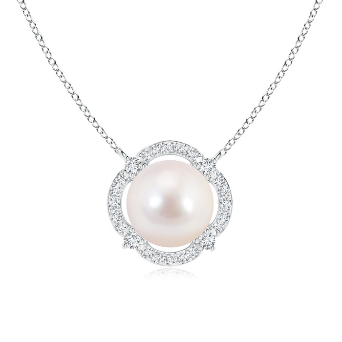 8mm AAAA Akoya Cultured Pearl Clover Pendant with Diamond Halo in S999 Silver