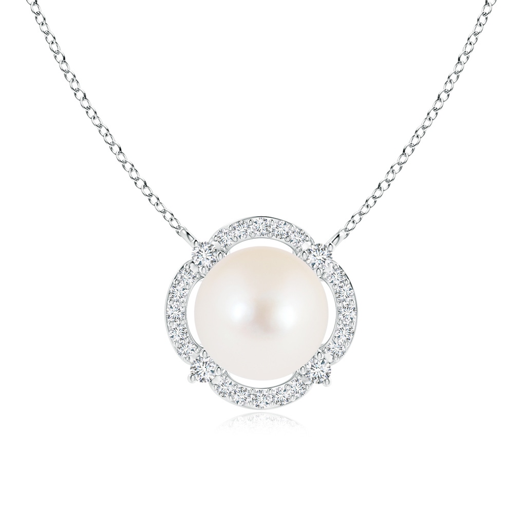8mm AAA Freshwater Cultured Pearl Clover Pendant with Diamond Halo in White Gold