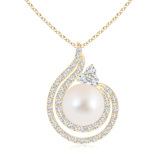 10mm AAA Freshwater Cultured Pearl Double Swirl Pendant with Diamonds in Yellow Gold