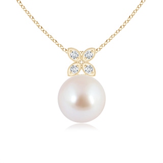 8mm AAA Akoya Cultured Pearl Drop Pendant with Diamond Floral Bale in Yellow Gold