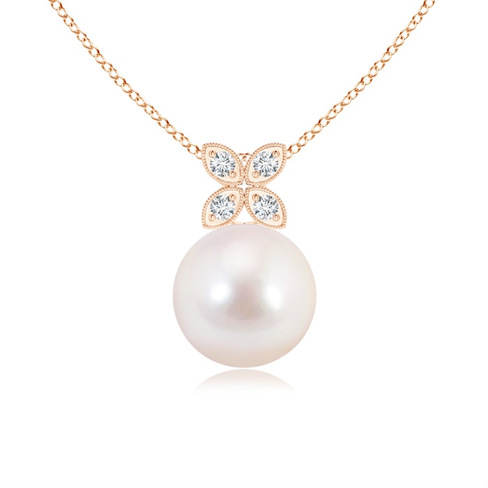 8mm AAAA Akoya Cultured Pearl Drop Pendant with Diamond Floral Bale in Rose Gold