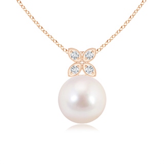 8mm AAAA Akoya Cultured Pearl Drop Pendant with Diamond Floral Bale in Rose Gold