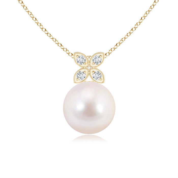 8mm AAAA Akoya Cultured Pearl Drop Pendant with Diamond Floral Bale in Yellow Gold