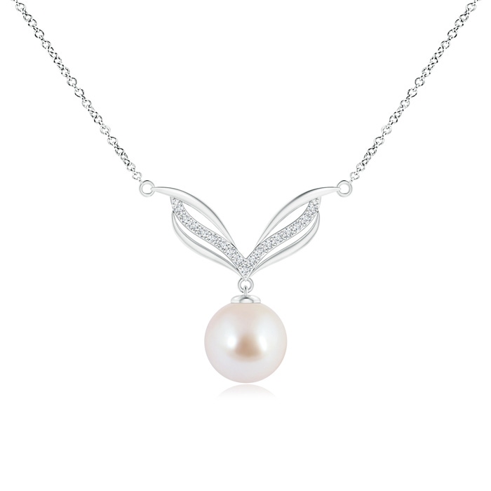 8mm AAA Japanese Akoya Pearl Angel Wings Necklace with Diamonds in White Gold 