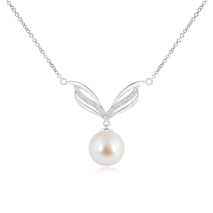 8mm AAA Japanese Akoya Pearl Angel Wings Necklace with Diamonds in White Gold