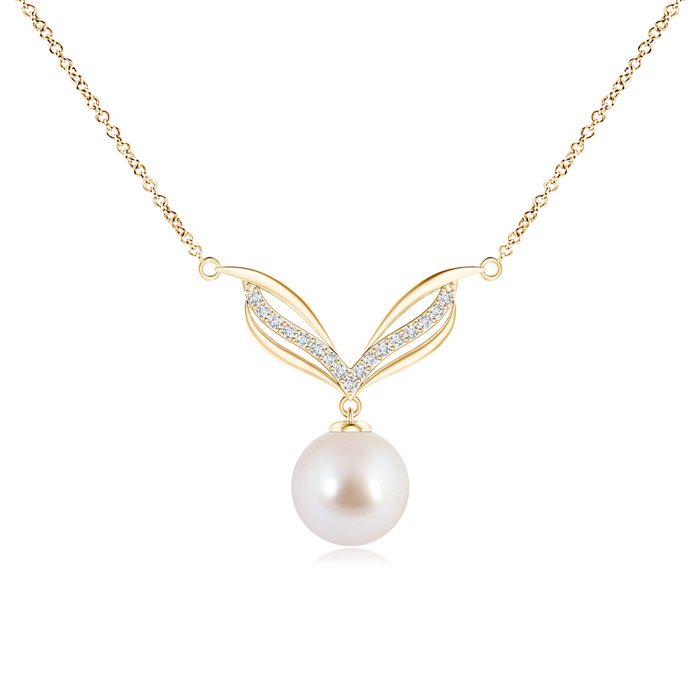 8mm AAA Japanese Akoya Pearl Angel Wings Necklace with Diamonds in Yellow Gold 