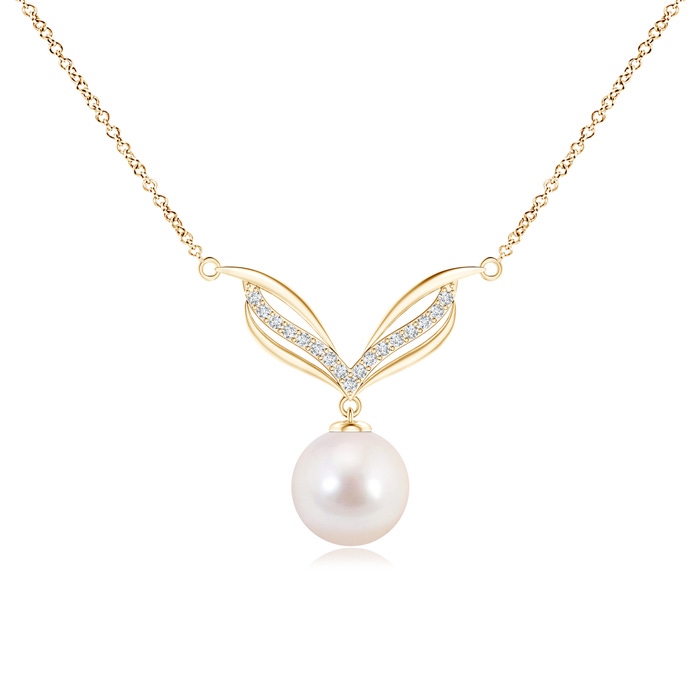 8mm AAAA Japanese Akoya Pearl Angel Wings Necklace with Diamonds in Yellow Gold