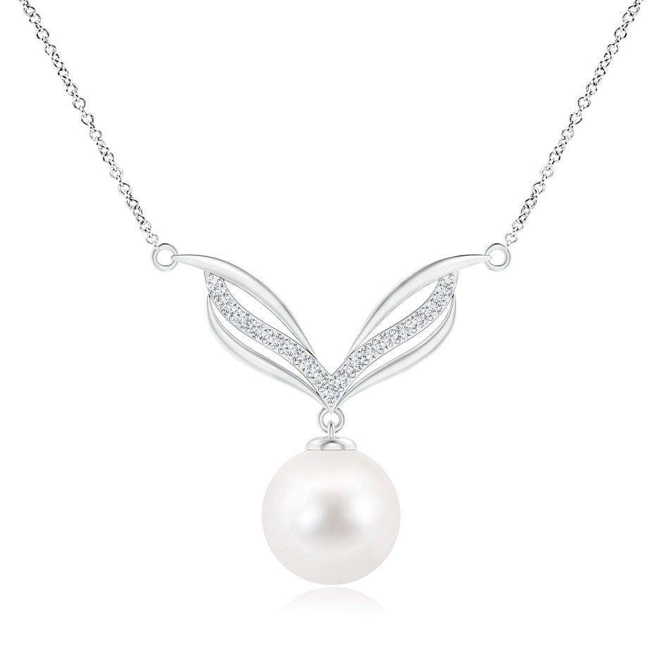 10mm AA Freshwater Pearl Angel Wings Necklace with Diamonds in White Gold 