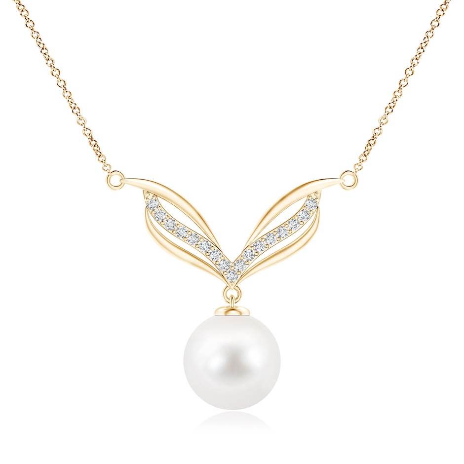 10mm AA Freshwater Pearl Angel Wings Necklace with Diamonds in Yellow Gold 