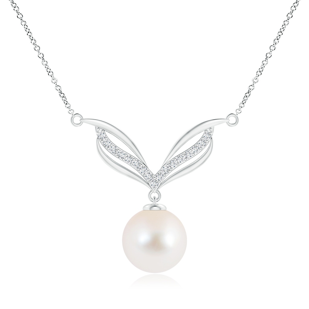 10mm AAA Freshwater Pearl Angel Wings Necklace with Diamonds in White Gold