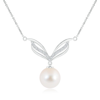 10mm AAA Freshwater Pearl Angel Wings Necklace with Diamonds in White Gold