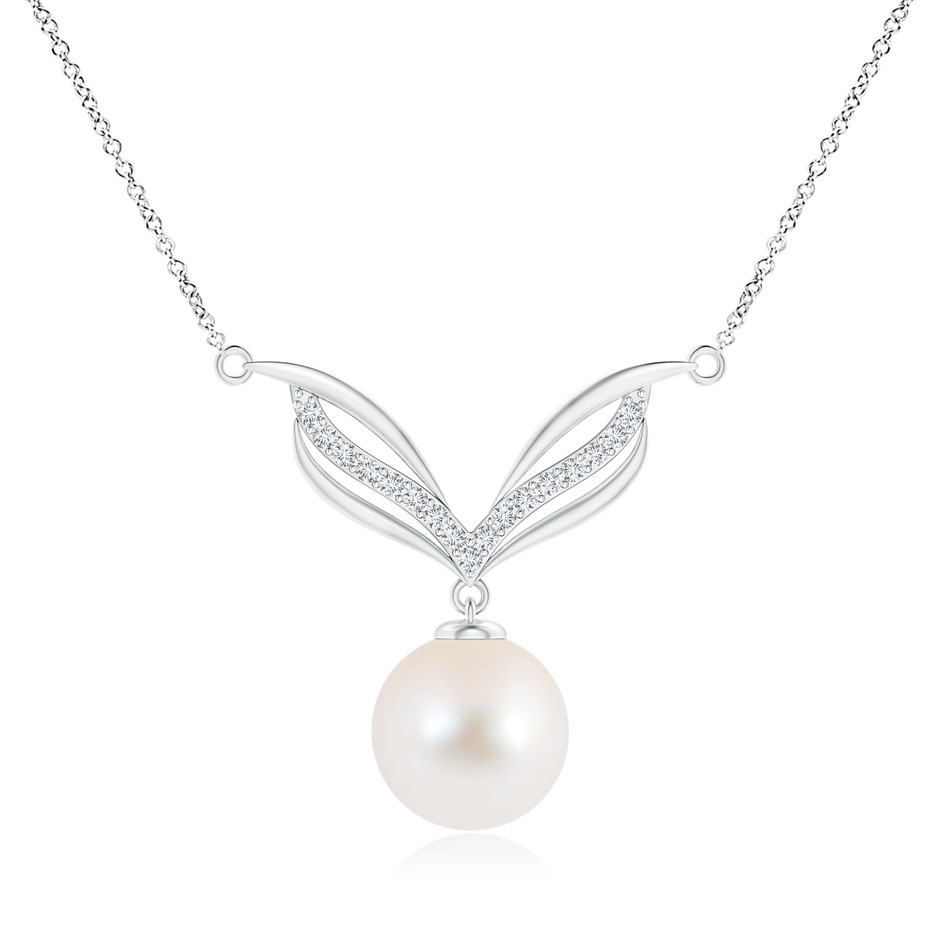 10mm AAA Freshwater Pearl Angel Wings Necklace with Diamonds in White Gold 