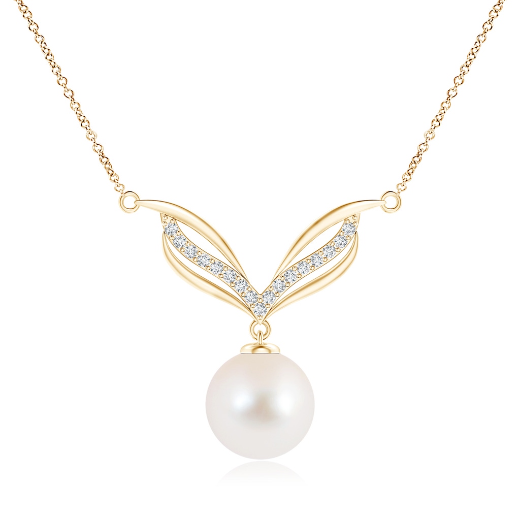10mm AAA Freshwater Pearl Angel Wings Necklace with Diamonds in Yellow Gold