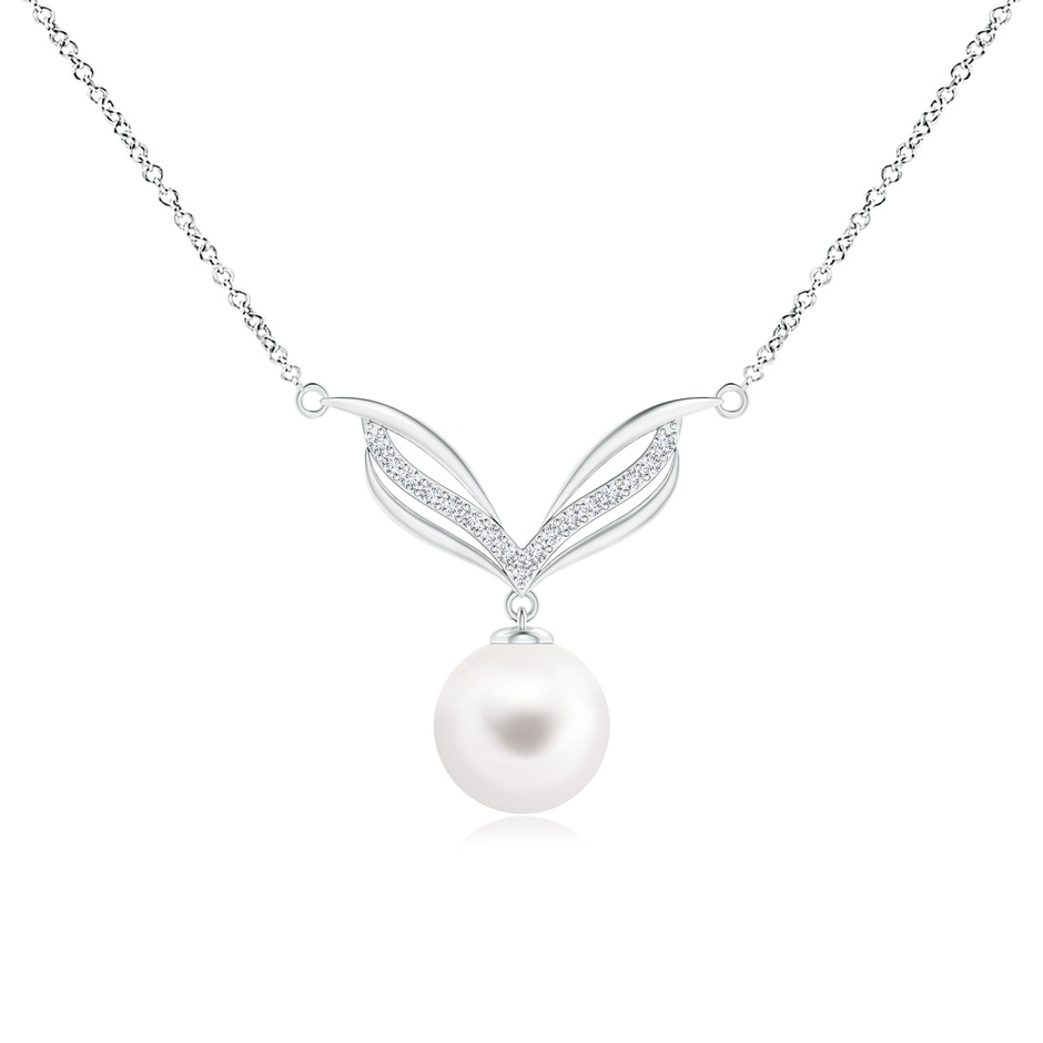 8mm AA Freshwater Pearl Angel Wings Necklace with Diamonds in White Gold 
