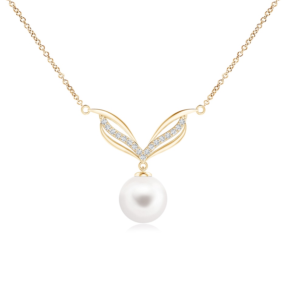 8mm AA Freshwater Pearl Angel Wings Necklace with Diamonds in Yellow Gold 