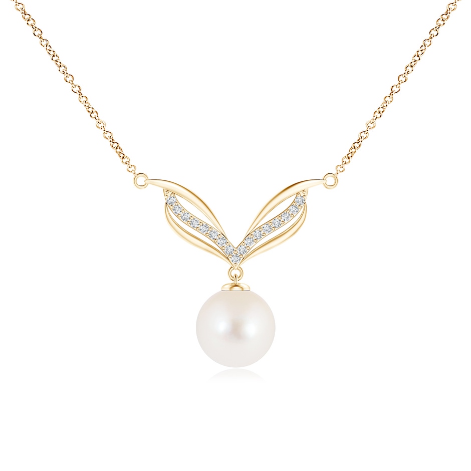 8mm AAA Freshwater Pearl Angel Wings Necklace with Diamonds in Yellow Gold 