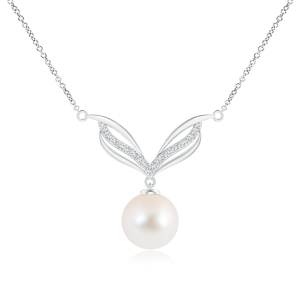 9mm AAA Freshwater Pearl Angel Wings Necklace with Diamonds in White Gold