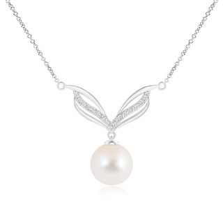 9mm AAA Freshwater Pearl Angel Wings Necklace with Diamonds in White Gold