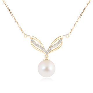 9mm AAA Freshwater Pearl Angel Wings Necklace with Diamonds in Yellow Gold