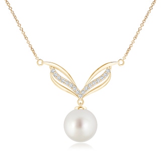 10mm AAA South Sea Cultured Pearl Angel Wings Necklace with Diamonds in Yellow Gold