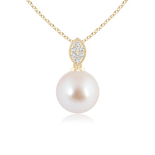 8mm AAA Japanese Akoya Pearl Pendant with Diamond Leaf Bale in Yellow Gold