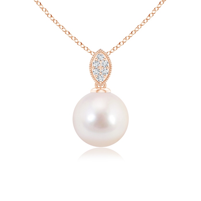 8mm AAAA Japanese Akoya Pearl Pendant with Diamond Leaf Bale in Rose Gold