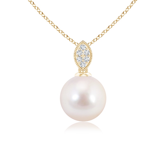 8mm AAAA Japanese Akoya Pearl Pendant with Diamond Leaf Bale in Yellow Gold