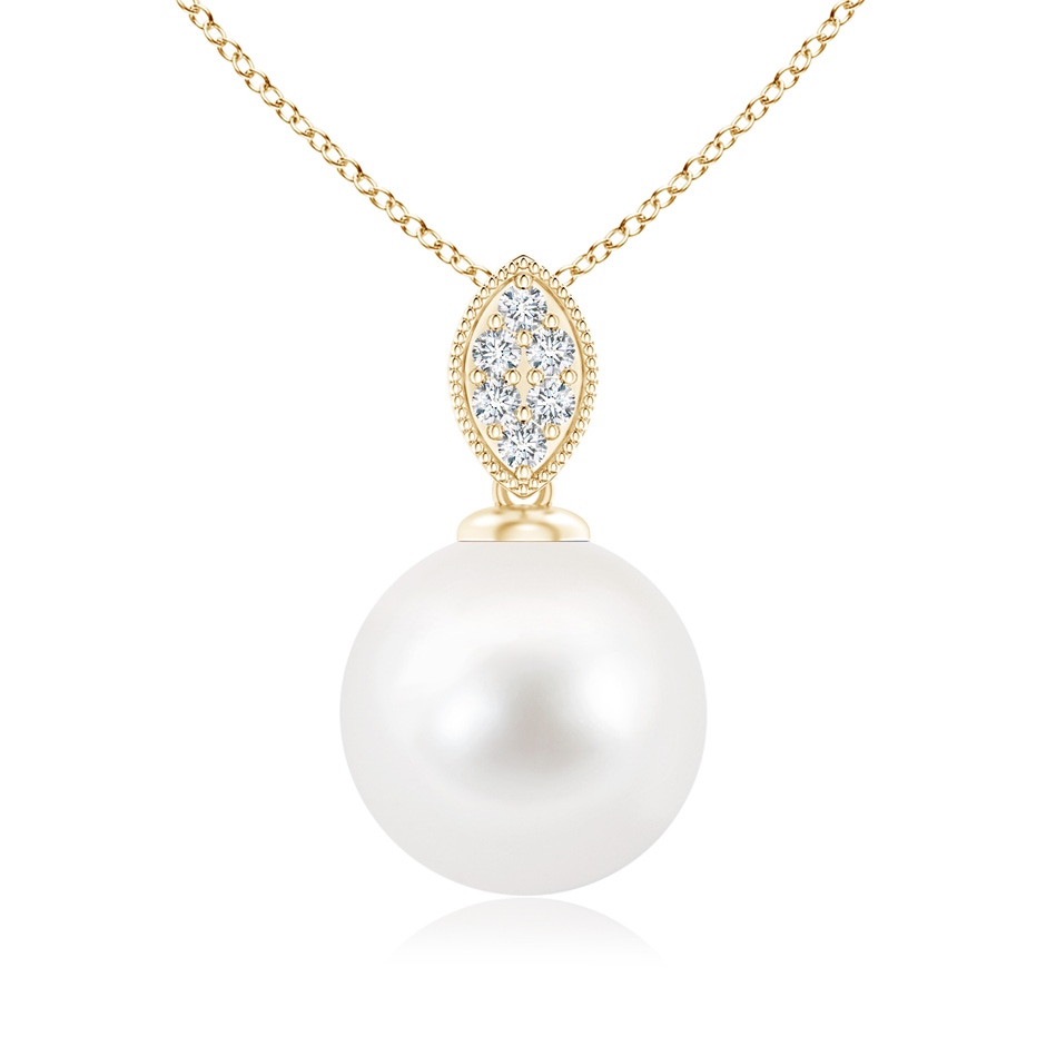 10mm AA Freshwater Pearl Pendant with Diamond Leaf Bale in Yellow Gold 