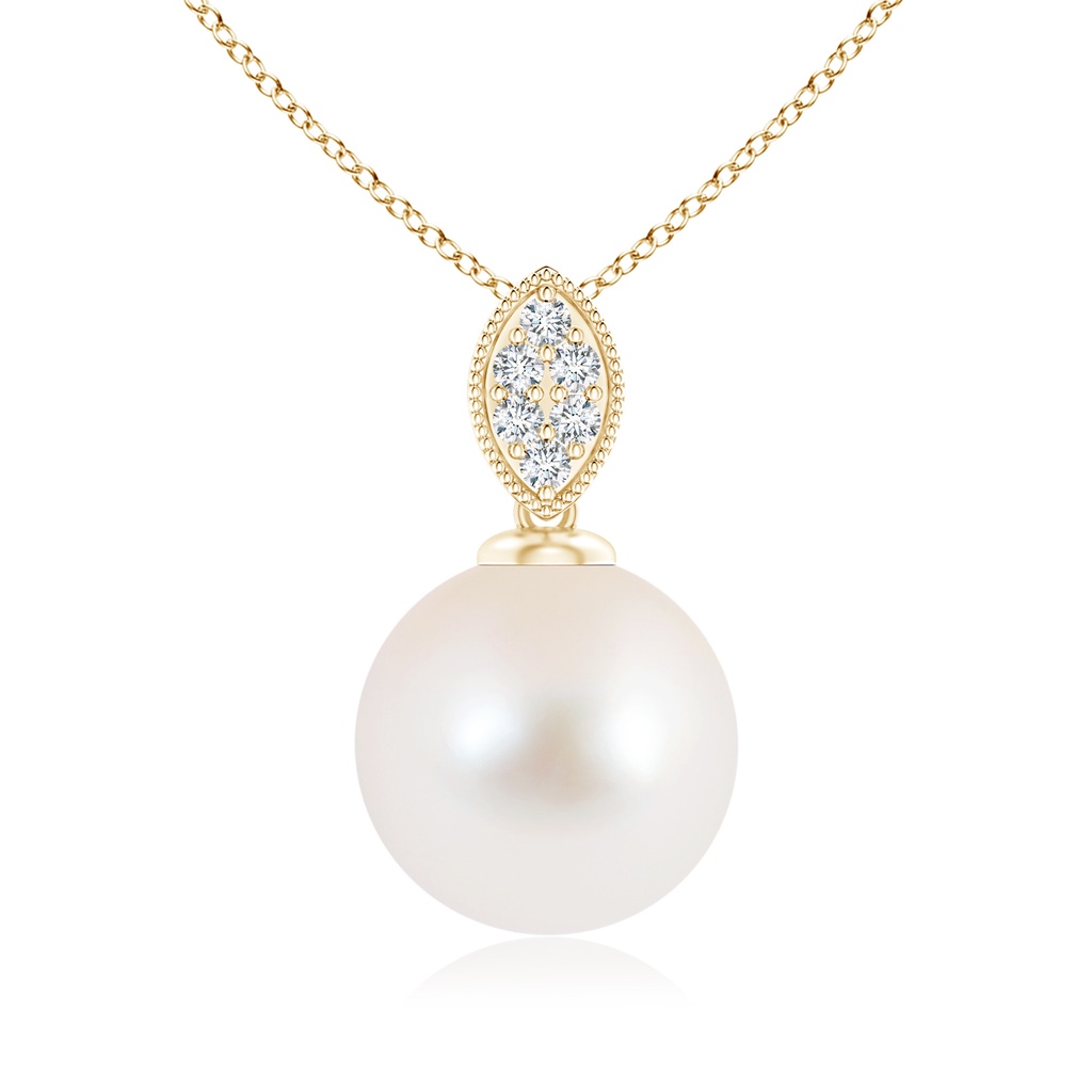 10mm AAA Freshwater Pearl Pendant with Diamond Leaf Bale in Yellow Gold 
