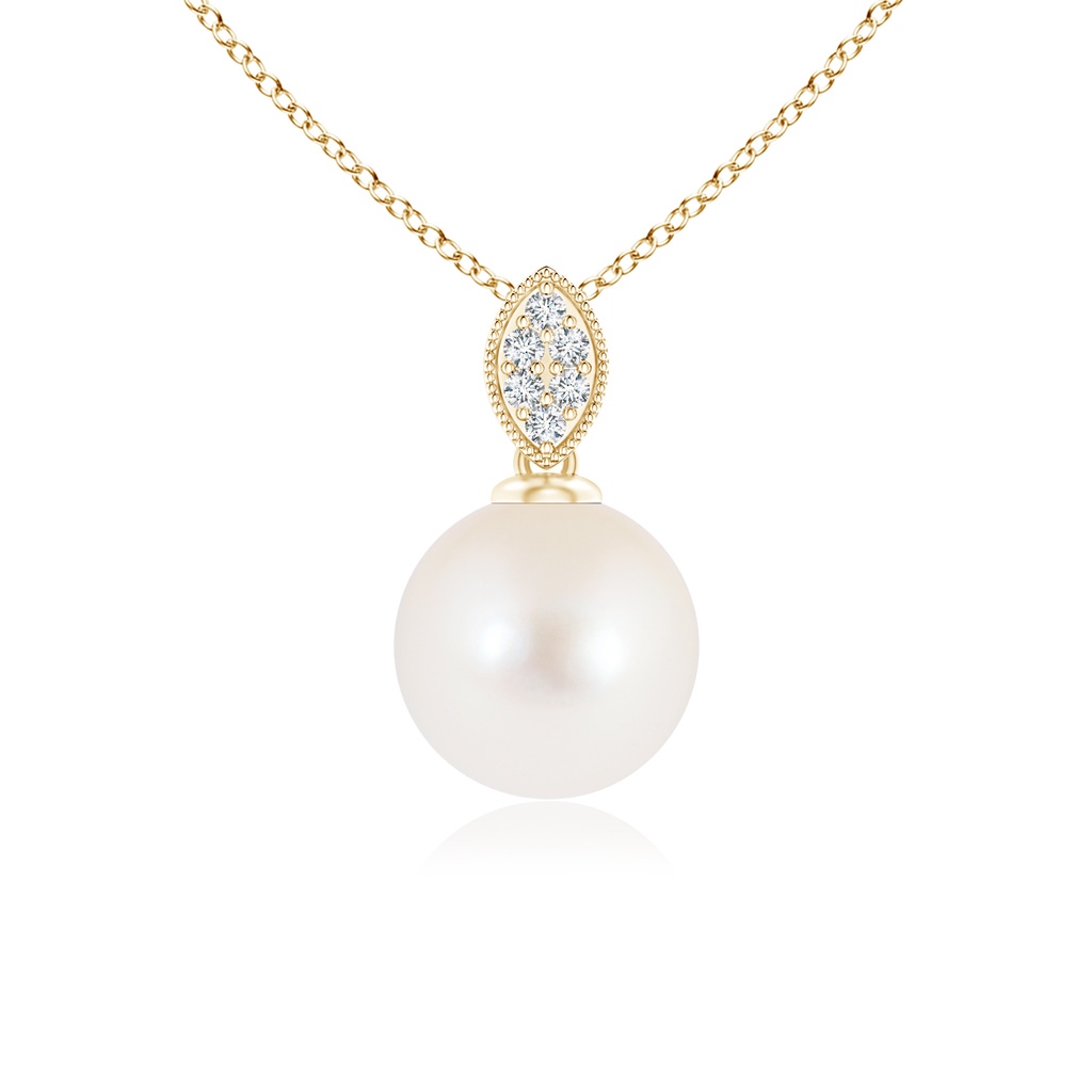 8mm AAA Freshwater Pearl Pendant with Diamond Leaf Bale in Yellow Gold