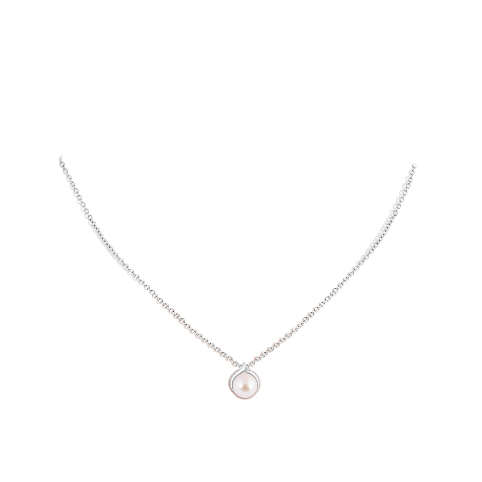 8mm AAA Japanese Akoya Pearl Solitaire Pendant with Diamond in White Gold body-neck