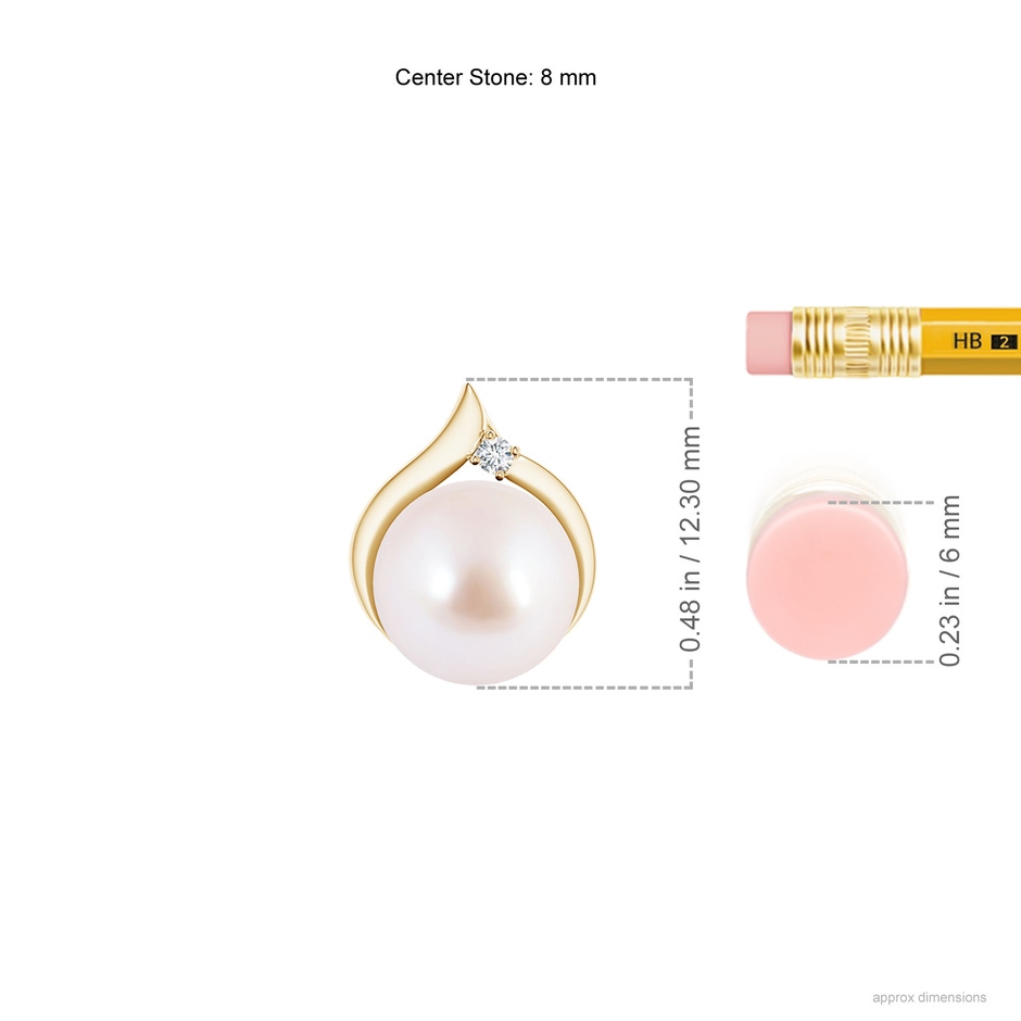 8mm AAA Japanese Akoya Pearl Solitaire Pendant with Diamond in Yellow Gold ruler