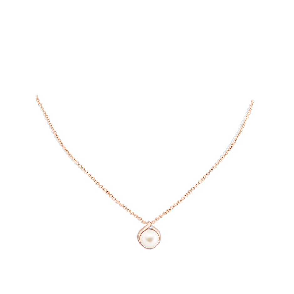 10mm AAA Freshwater Pearl Solitaire Pendant with Diamond in Rose Gold body-neck