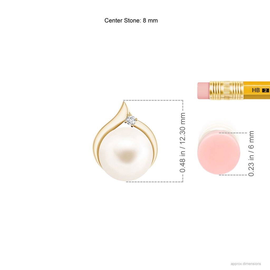 8mm AAA Freshwater Pearl Solitaire Pendant with Diamond in Yellow Gold Ruler