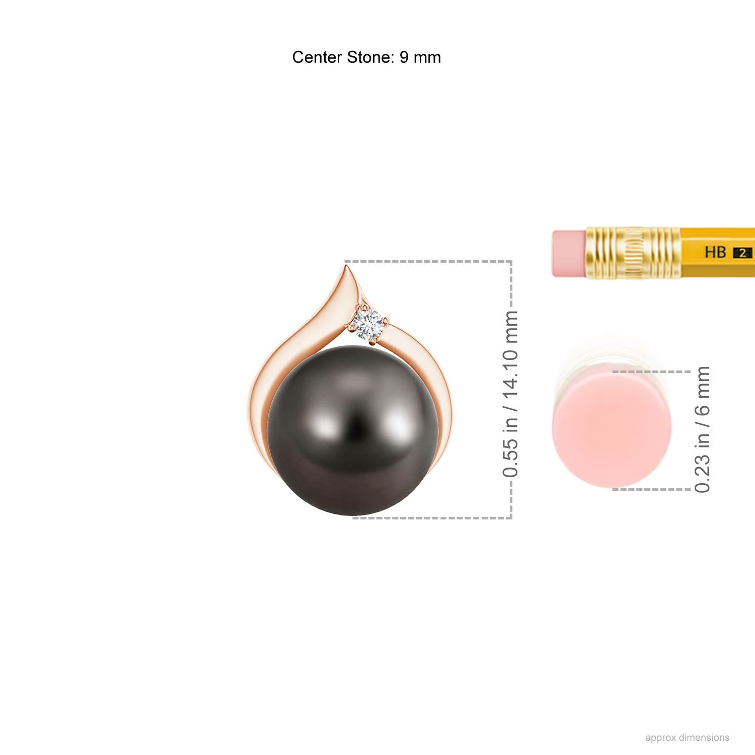 9mm AAA Tahitian Pearl Solitaire Pendant with Diamond in Rose Gold - ruler