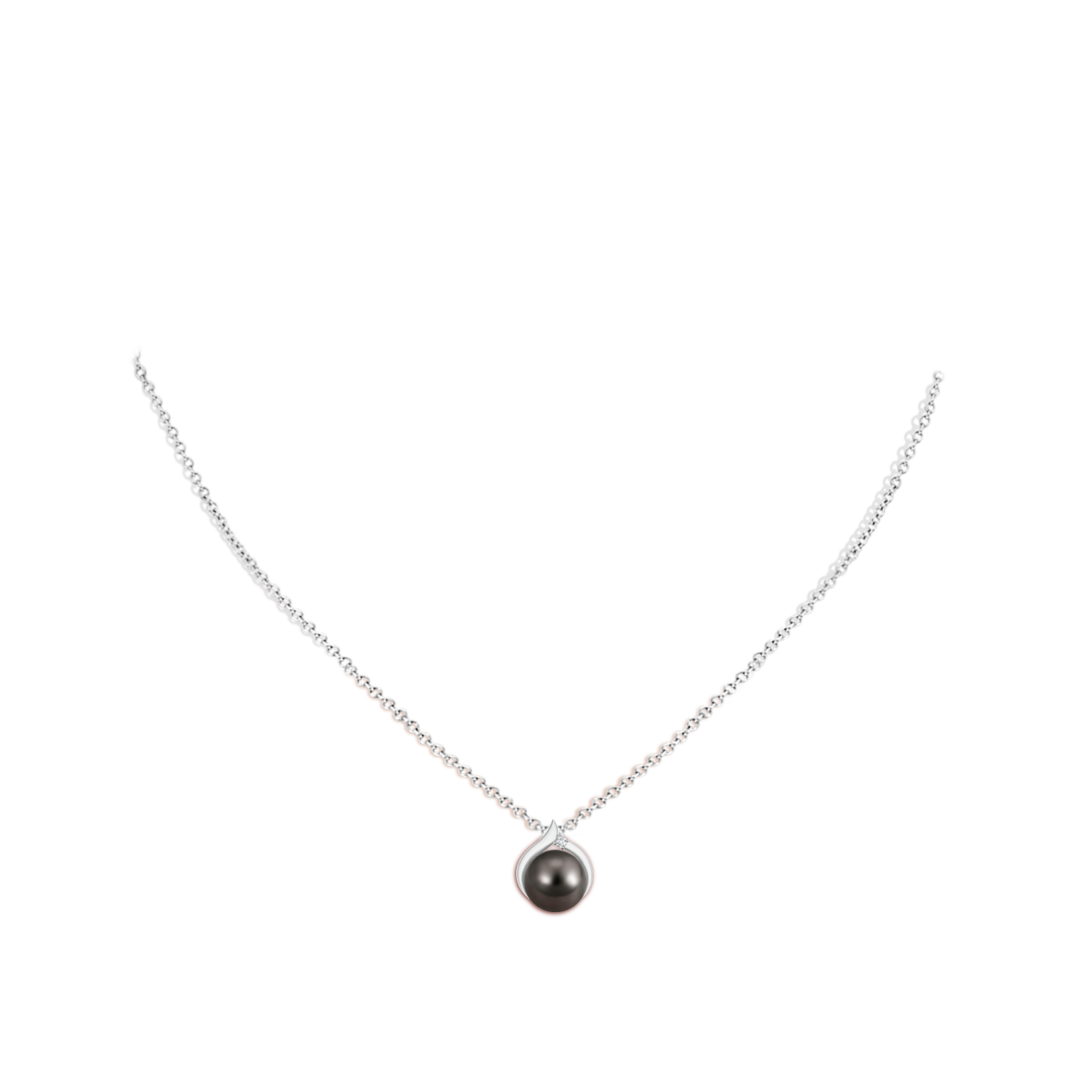 9mm AAA Tahitian Pearl Solitaire Pendant with Diamond in White Gold - body_neck