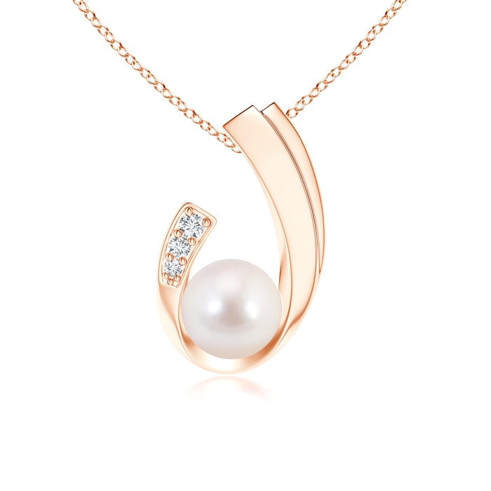 8mm AAAA Akoya Cultured Pearl J-Shaped Pendant with Diamond in Rose Gold