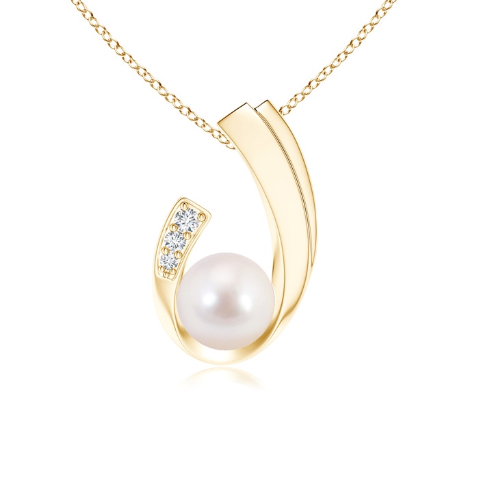 8mm AAAA Akoya Cultured Pearl J-Shaped Pendant with Diamond in Yellow Gold