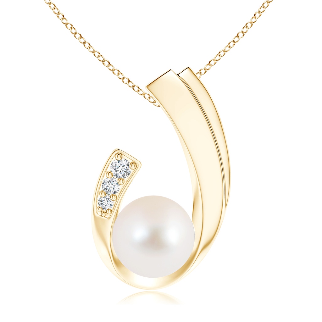 10mm AAA Freshwater Pearl J-Shaped Pendant with Diamond in Yellow Gold