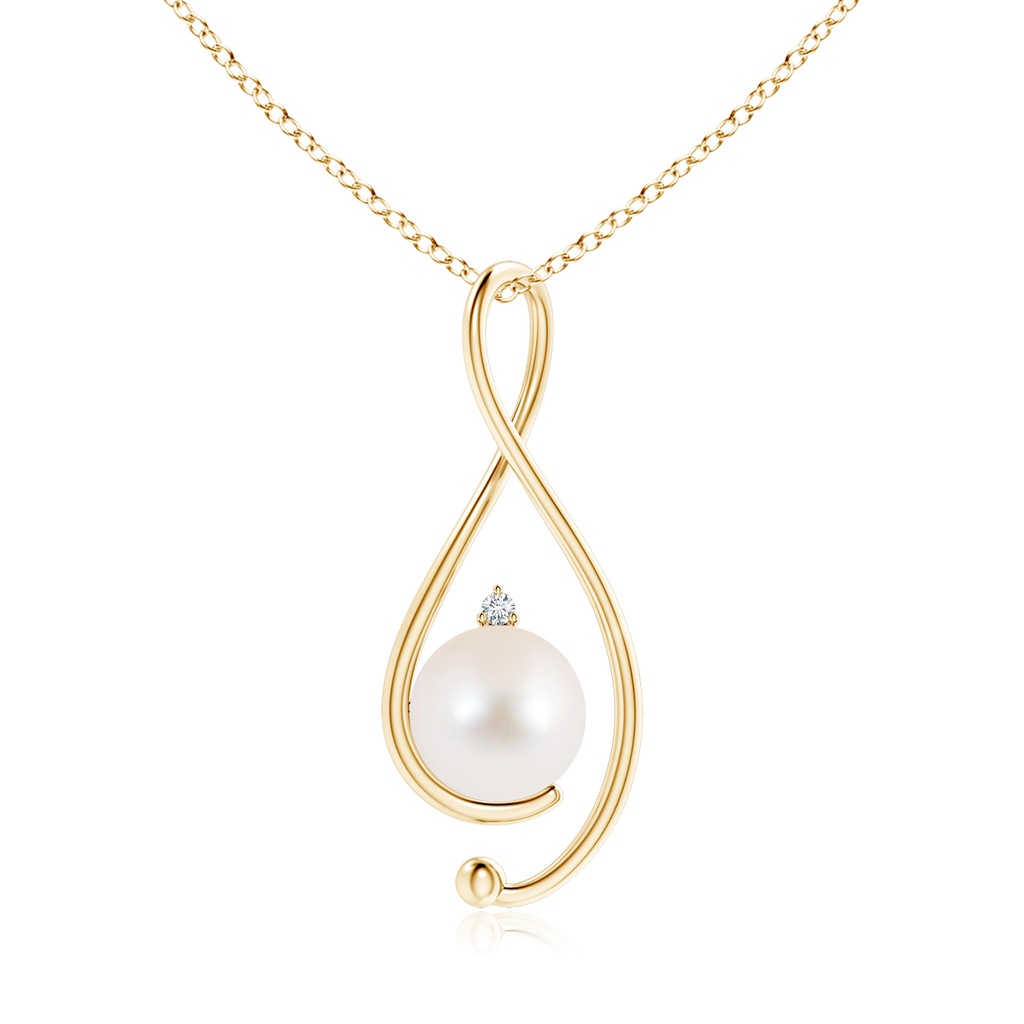 10mm AAA Freshwater Pearl Infinity Pendant with Diamond in Yellow Gold