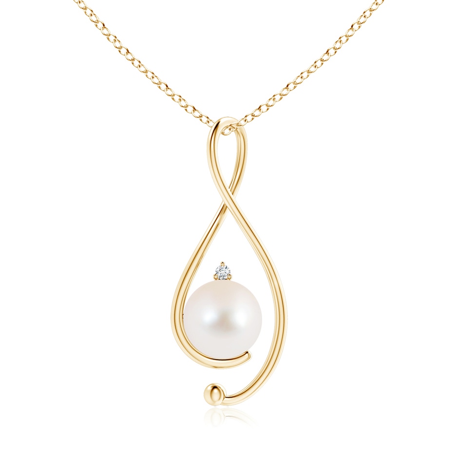 10mm AAA Freshwater Pearl Infinity Pendant with Diamond in Yellow Gold 